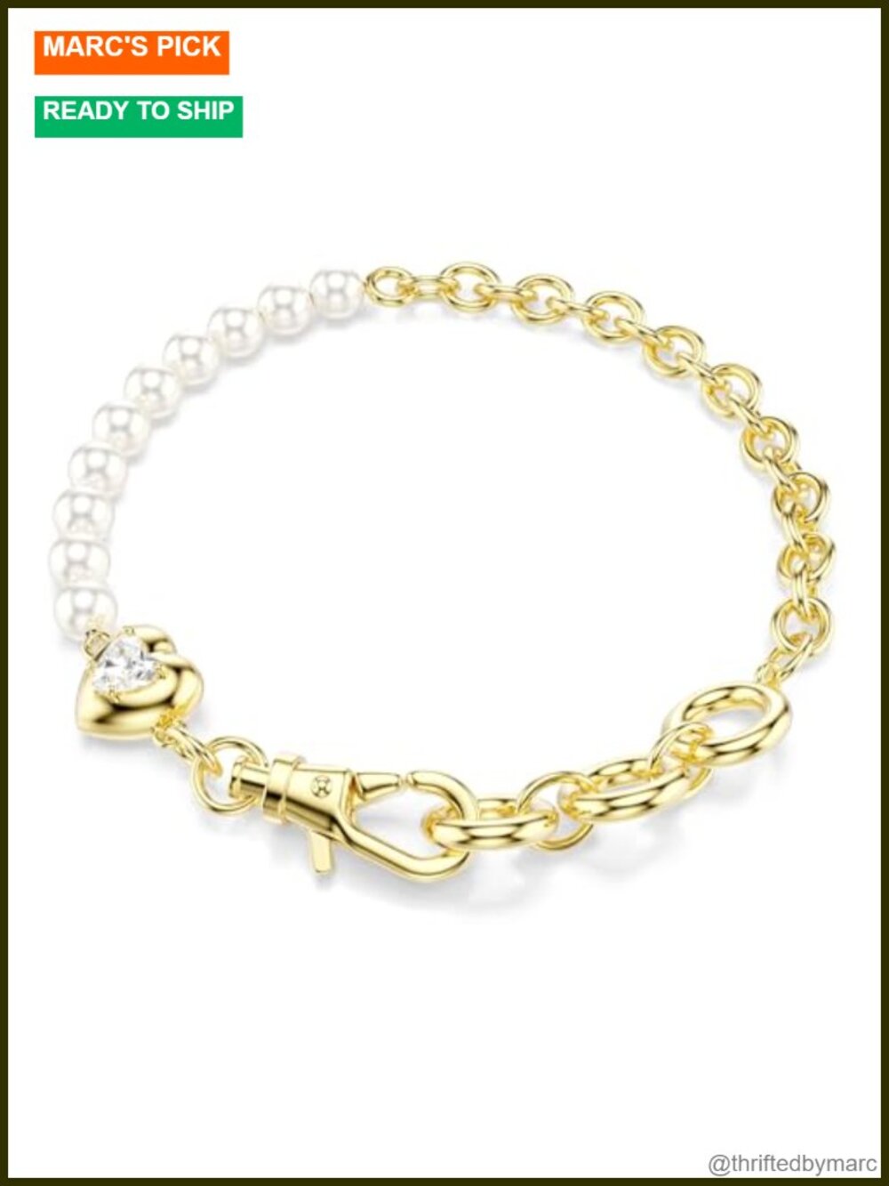Gold-Tone Plated Crystal Pearl Link Bracelet Carabiner Heart Motif